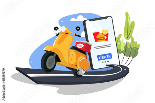 Online order and delivery by scooter concept with brown cardboard boxes and map locator alongside an online shopping website on a mobile phone superimposed over a delivery scooter, vector illustration