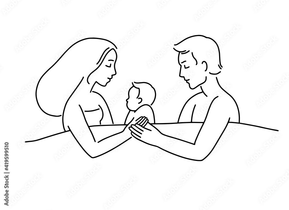 Hand drawn illustration, couple with newborn sleep under the blanket. Portrait of happy family. Husband and wife lying with baby in the bed Hand drawn illustration, couple with newborn sleep under the blanket. Portrait of happy family. Husband and wife lying with baby in the bed