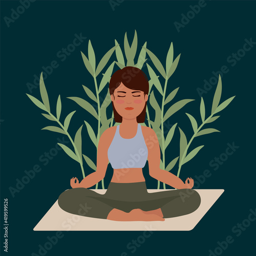A girl does Yoga. The concept of relaxation, meditation, love for yourself and your body. Vector clip art of a woman in meditation on the background of tropical leaves. Vector illustration