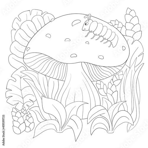 Floral coloring page with leaves, mushroom, caterpillar.