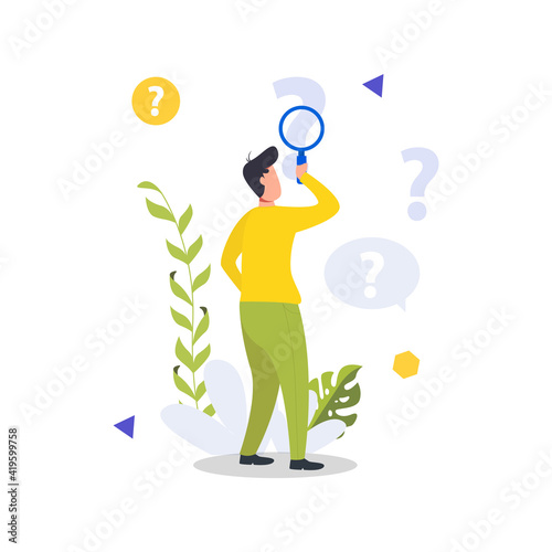 Man holding magnifying glass and looking through it at interrogation points. Concept of frequently asked questions, query, investigation, search for information. Modern flat vector illustration.