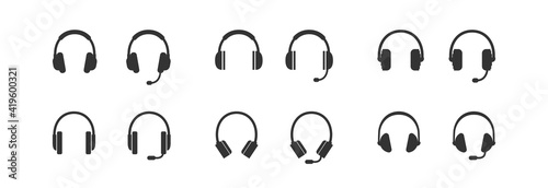 Headphones set black isolated icon. Earphone vector illustration