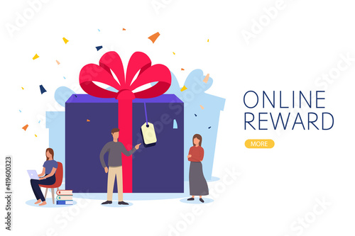 online reward , Group of happy people receive a gift box vector illustration concept, digital referral program, can use for, landing page, template, ui, web, homepage, poster, banner, flyer, coupon