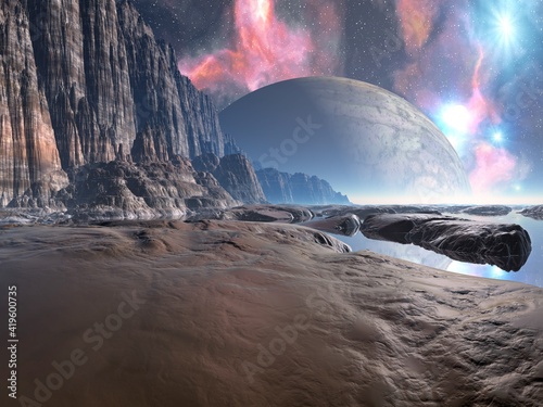 Illustration of a beautiful and inspirational science fiction landscape with a moon, mountains, and water