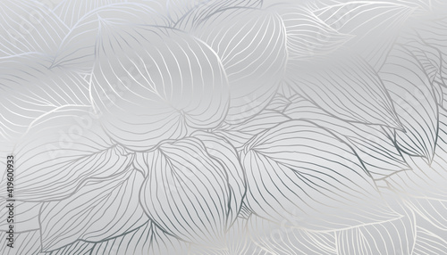 Luxurious art deco silver leaves hand drawn line art. Wallpaper design for print, poster, cover, banner, fabric, invitation. Digital vector illustration.