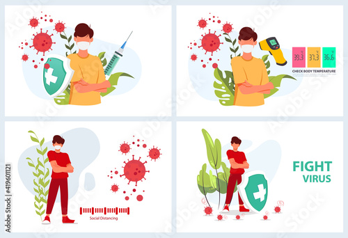 Sets Vector illustration fight virus, vaccine, check temperatur, and Social distancing covid-19 virus or coronavirus.