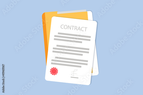 Signed contract or document. Document, folder with stamp and text silhouettes. Contract conditions, research or approval validation document. Contract papers, Document. Folder with papers