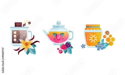 Herbal Tea Collection, Glass Transparent Cups of Healthy Aroma Drink, Cocoa, Tea, Homey Jar Flat Vector Illustration