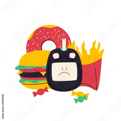 High sugar level in blood flat cartoon illustration. Bad food for diabetic people, medical banner design. Obesity awareness, glucose meter display background. Unhealthy food concept.