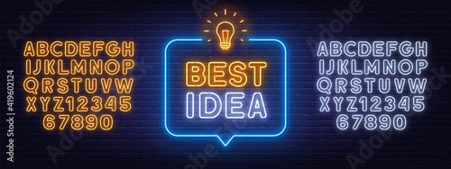 Best Idea neon sign in the speech bubble on brick wall background. Yellow and white neon alphabets.