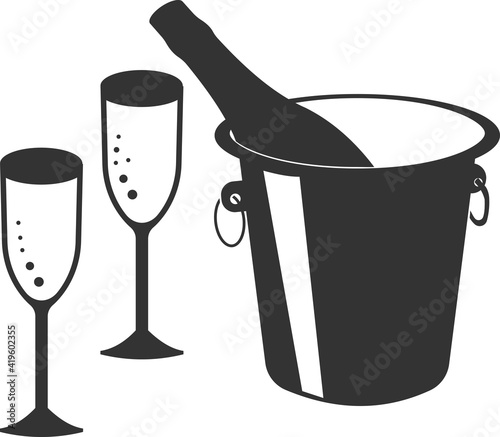 Vector icon with champagne cooling in ice and two glasses.