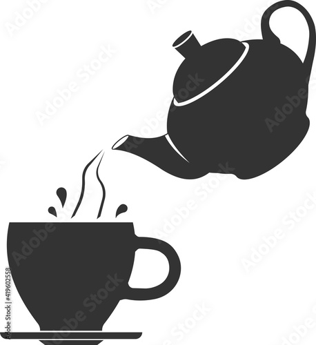 Vector icon of a teapot that pours tea with splashes into a cup.