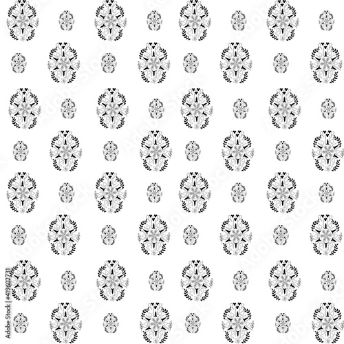 Seamless pattern with Easter eggs decorated with flowers. Vector illustration in doodle style. Pattern for Easter cards, invitations, design, paper.Black and white line drawing