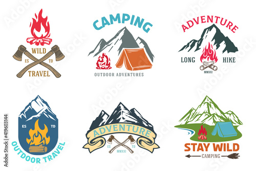 Collection templates composition of outdoor travel, adventures for badge, label, patches or emblems in retro vintage style. Design concept for tourism. Vector illustration.