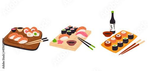Sushi set on bamboo board isolated vector illustration. Traditional Japan food, fresh fish and rice design element. Soy sauce, wasabi, ginger with chopsticks in cartoon style.
