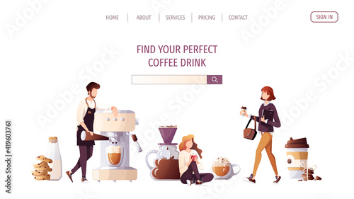 Barista with huge coffee machine. Woman with coffee in paper cup. Woman drinking coffee. Coffee shop, break, cafe-bar, restaurant concept. Vector illustration for poster, banner, website.