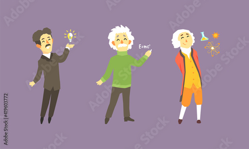 Photo Famous Scientist Set, Thomas Edison, Isaac Newton, Albert Einstein Vector Illust
