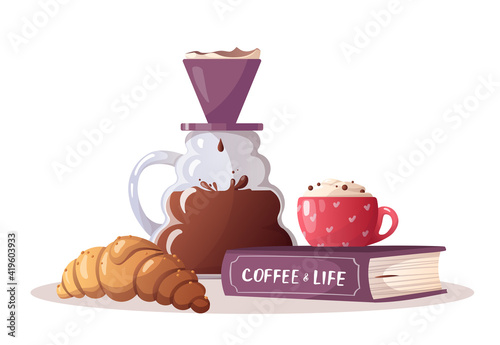 Cup of coffee, book, clever dripper and croissant. Coffee shop, break, cafe-bar, coffee lover, breakfast concept. Isolated vector illustration for poster, banner, cover, card. 