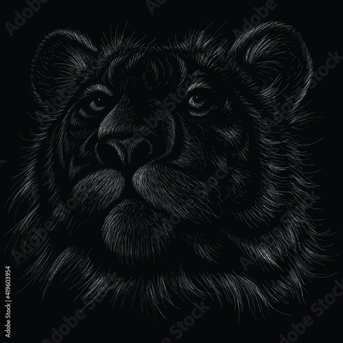 The Vector logo tiger for tattoo or T-shirt design or outwear. Hunting style big cat print on black background. This hand drawing is for black fabric or canvas.
