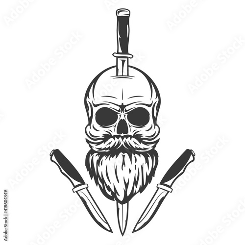 Hand drawn skull with mustache, beard, axe and knives in cartoon vintage style isolated on white background. Design element for print, poster, cover, banner. Vector illustration.