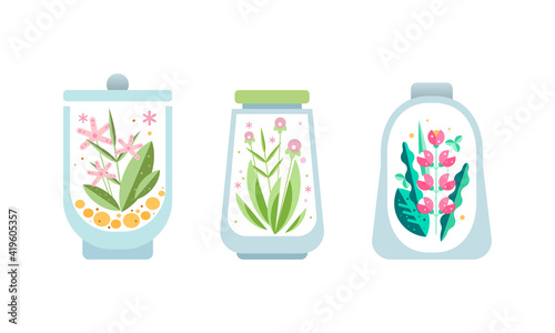 Blooming Flowers with Green Leaves inside Glass Florarium Set, Terrarium with Plants, Nature Conservation Concept Cartoon Vector Illustration