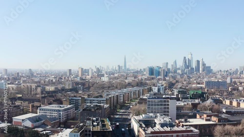 Rising drone shot of Central London skyline from mile end East sunny day photo