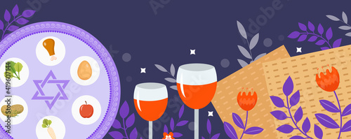 Passover banner. Pesach template for your design with matzah and spring flowers. Jewish holiday background. Vector illustration