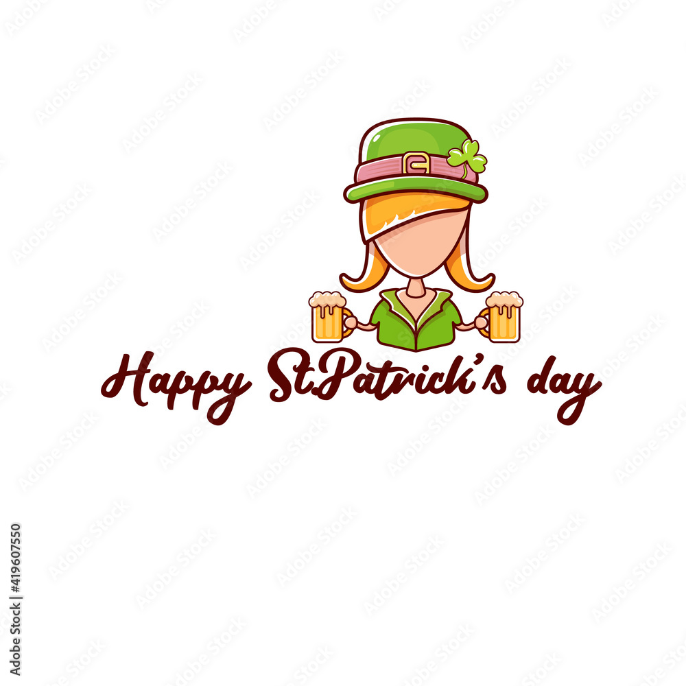 PrintSaint Patrick girl holding beer isolated on white background. Happy st patricks day banner or poster with redhead woman and calligraphic greeting text. Cartoon st Patrick girl line art icon