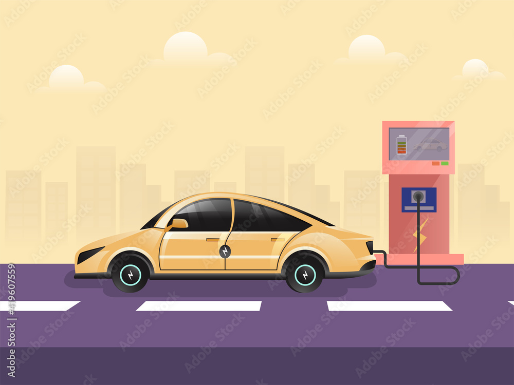 3D Rendering Electric Car Charging At Station On Purple And Yellow Background For Renewable Energy Concept.