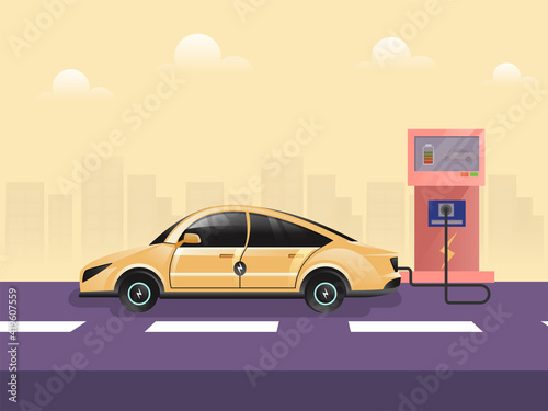 Fototapeta Naklejka Na Ścianę i Meble -  3D Rendering Electric Car Charging At Station On Purple And Yellow Background For Renewable Energy Concept.