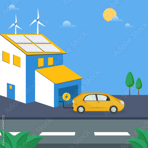 Electric Car Charging At Home With Solar Panel, Windmill And Sun On Blue Background For Electromobility Concept.