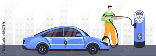 Illustration Of Man Charging Electric Car At Power Station On City View Background. Header Or Banner Design.