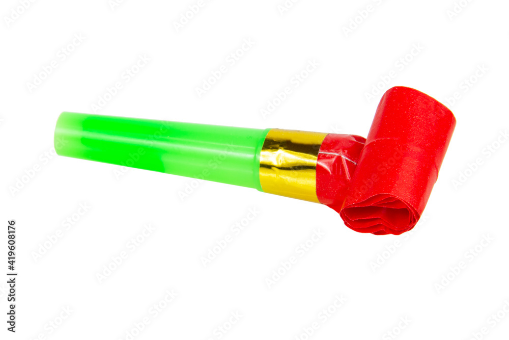 Rolled bright festive noisemaker or party whistle horn isolated on the white background