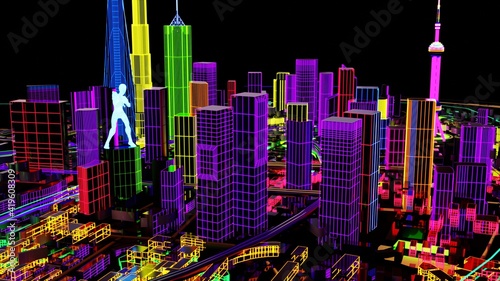 Abstract City Grid. Aerial view of a Dystopian Shanghai city in the future with projection mapping on buildings with cyberpunk.