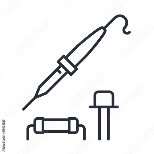 Electric soldering iron icon and resistor with diode, radioelectronics solder, vector