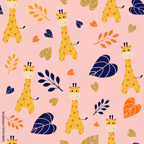 Cute giraffe and floral seamless pattern