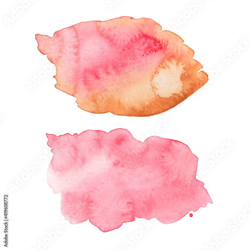 Watercolor abstract pink orange blotch isolated on white background. Blots, smears. Drawn by hand. Textured background.