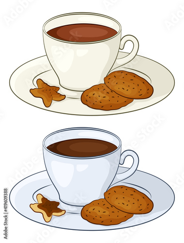 Porcelain Cups with a Drink, Hot Coffee or Cocoa and Cookies on Saucers. Vector