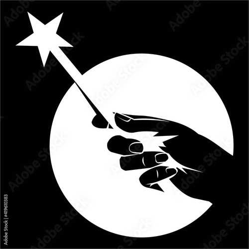 magic wand in hand with a star at the end, black and white logo