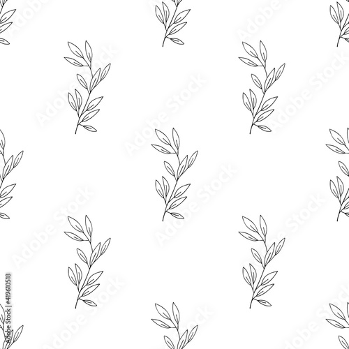 Botanical seamless pattern. Hand drawn doodle branches with leaves. Vector background