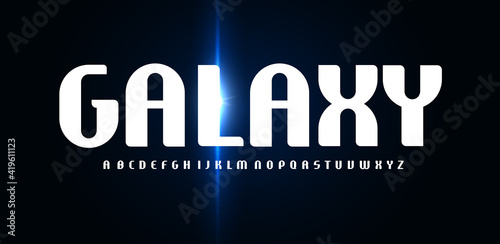 Galaxy font, high minimal rounded alphabet with glowing flare. Futuristic elegant letters for science fiction cinema, hud, technology logo. Contrast condensed typography. Vector typographic design.