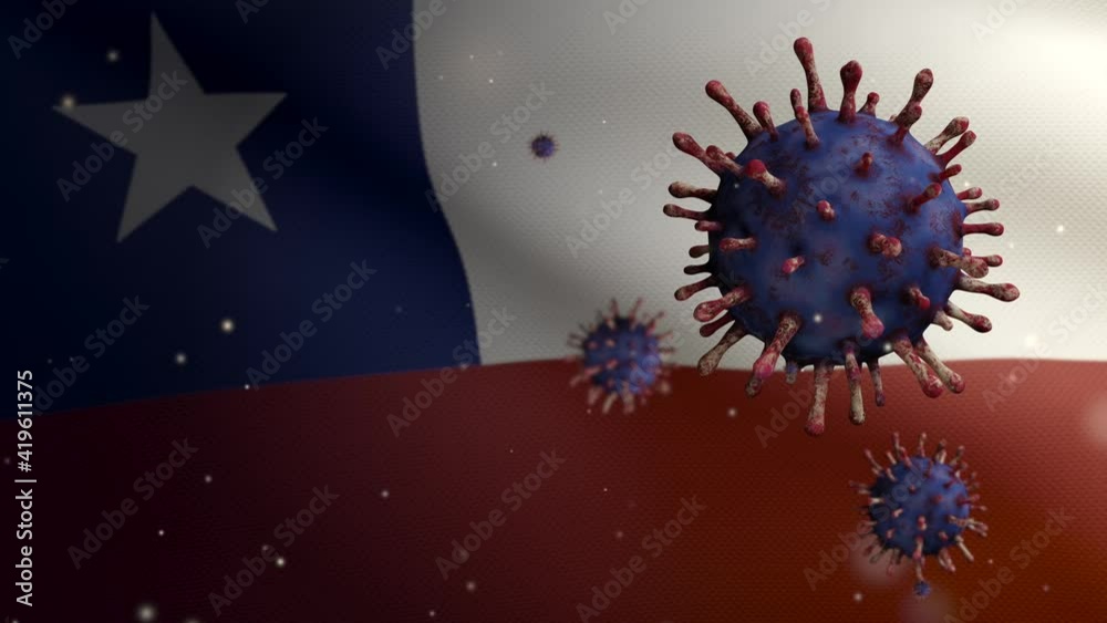 3D illustration flu coronavirus floating over Chilean flag, pathogen attacks respiratory tract. Chile banner waving with pandemic Covid19 virus infection concept. Real fabric texture ensign-Dan 3D illustration flu coronavirus floating over Chilean flag, pathogen attacks respiratory tract. Chile banner waving with pandemic Covid19 virus infection concept. Real fabric texture ensign-Dan