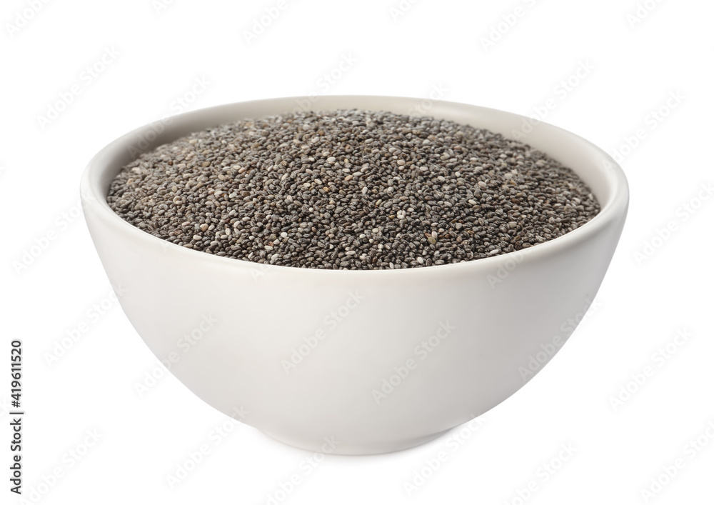 Chia seeds in ceramic bowl isolated on white Chia seeds in ceramic bowl isolated on white