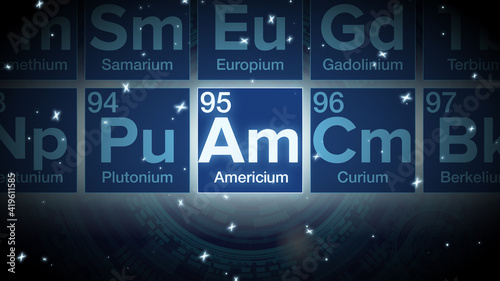 Close up of the Americium symbol in the periodic table, tech space environment.