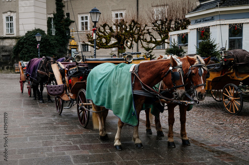 Horses with wagons called Fiaker waiting for tourists in the old part of town in winter on the main square, entertainment of tourists, riding, sightseeing, Salzburg, Austria