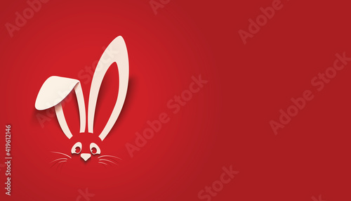 Happy Easter greeting card with white paper cut Easter Bunny Ears isolated on a red background,vector illustration