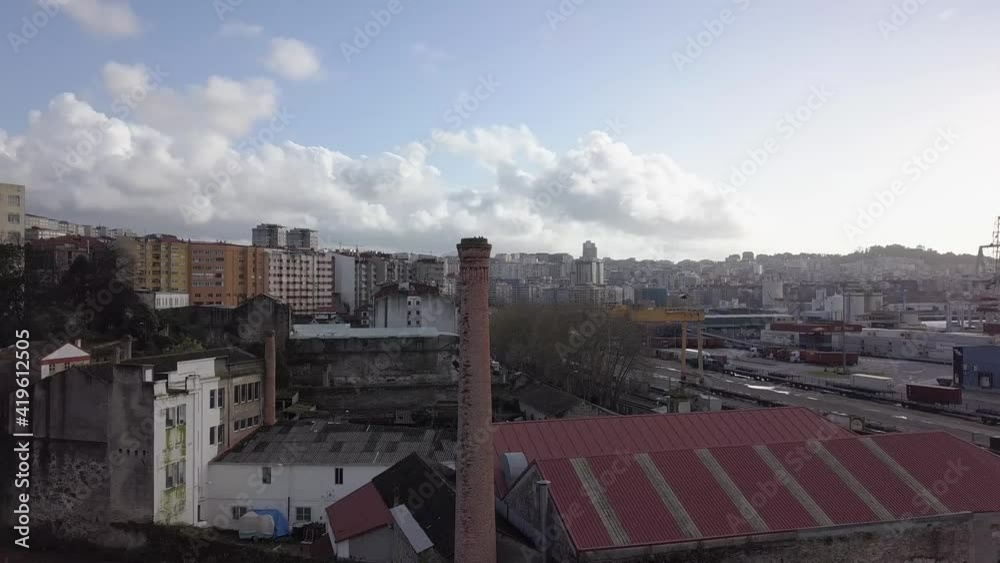 Aerial view of large funnel at the district of Teis in Vigo a industry place near the port