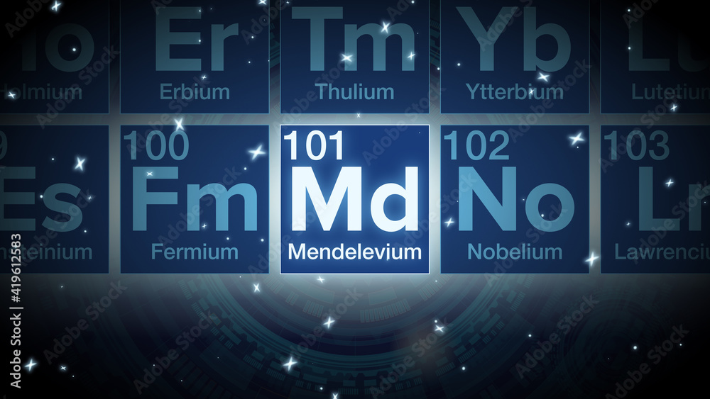 Close up of the Mendelevium symbol in the periodic table, tech space environment.