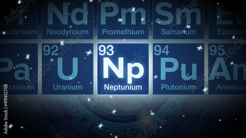 Close up of the Neptunium symbol in the periodic table, tech space environment.