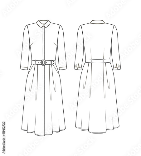 Fashion technical drawing of dress with flared skirt and belt